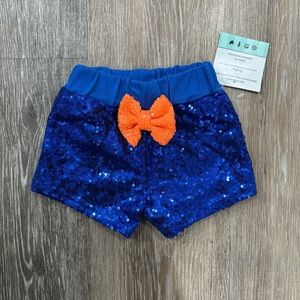 Blue Sequin Shorts with Orange Bow
